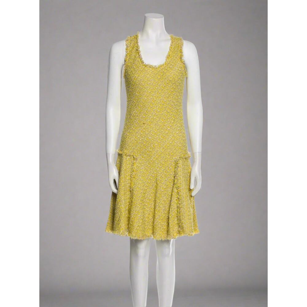 [Designer] LANVIN Tweed, Scoop-Neck, Fit-and-Flare Metallic Yellow Dress Size 8
